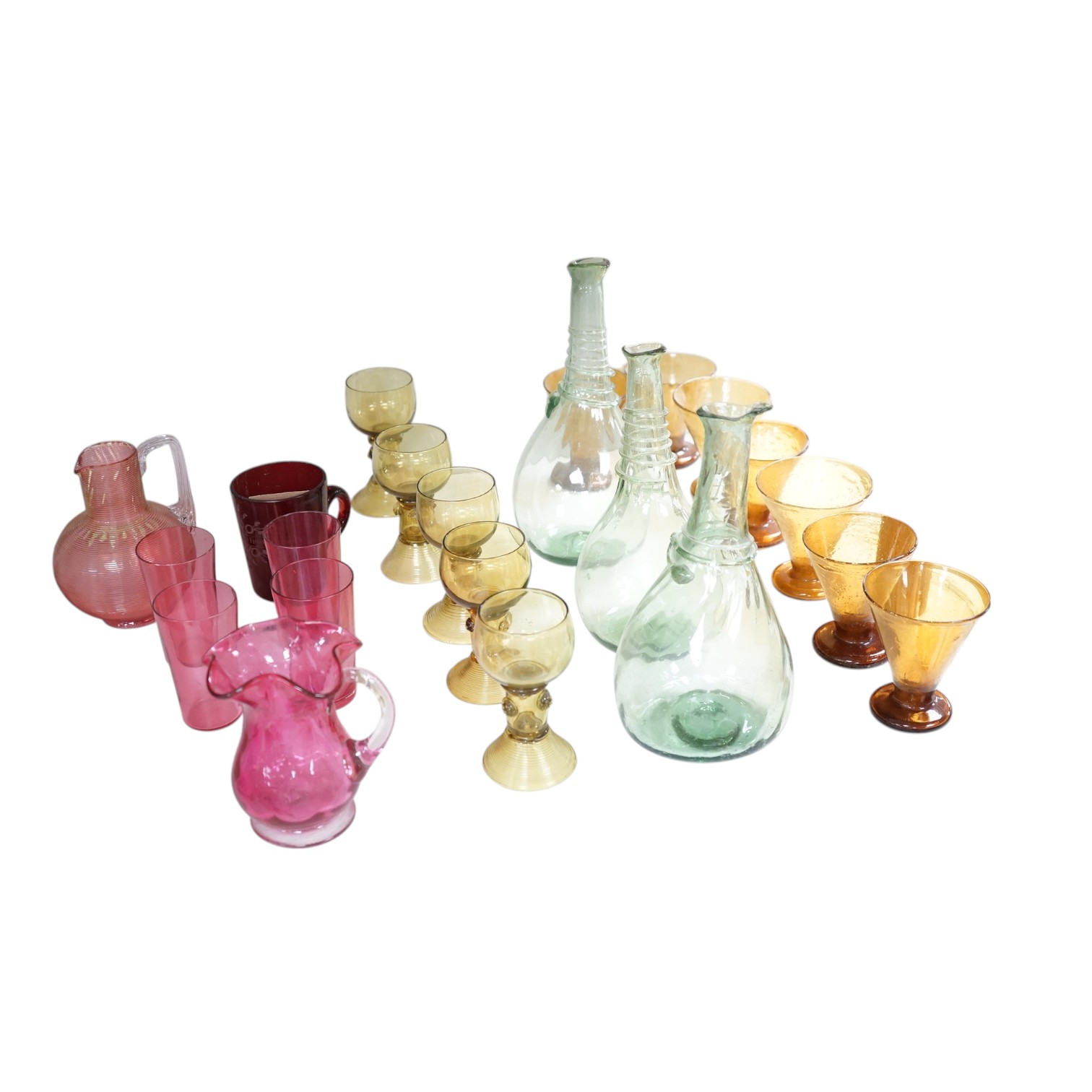 A collection of assorted coloured glassware, 18th century and later. Tallest 24cm. Condition - fair